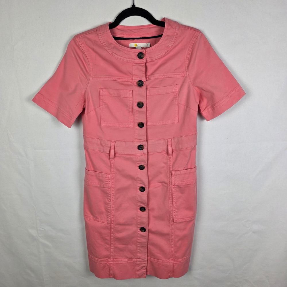 Boden Pink Cotton Twill Button Front Utility Dress US 4R D0148 Short Sleeve